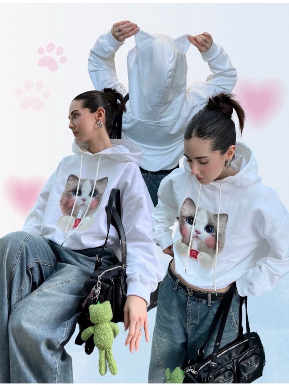 HUR x Etre au Sommet cat ears graphic oversized hoodie, white NWT one size